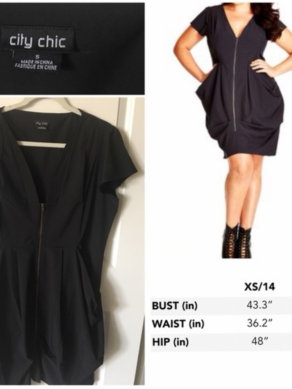 City Chic Black Zip-Front Mini Dress with Draped Pockets